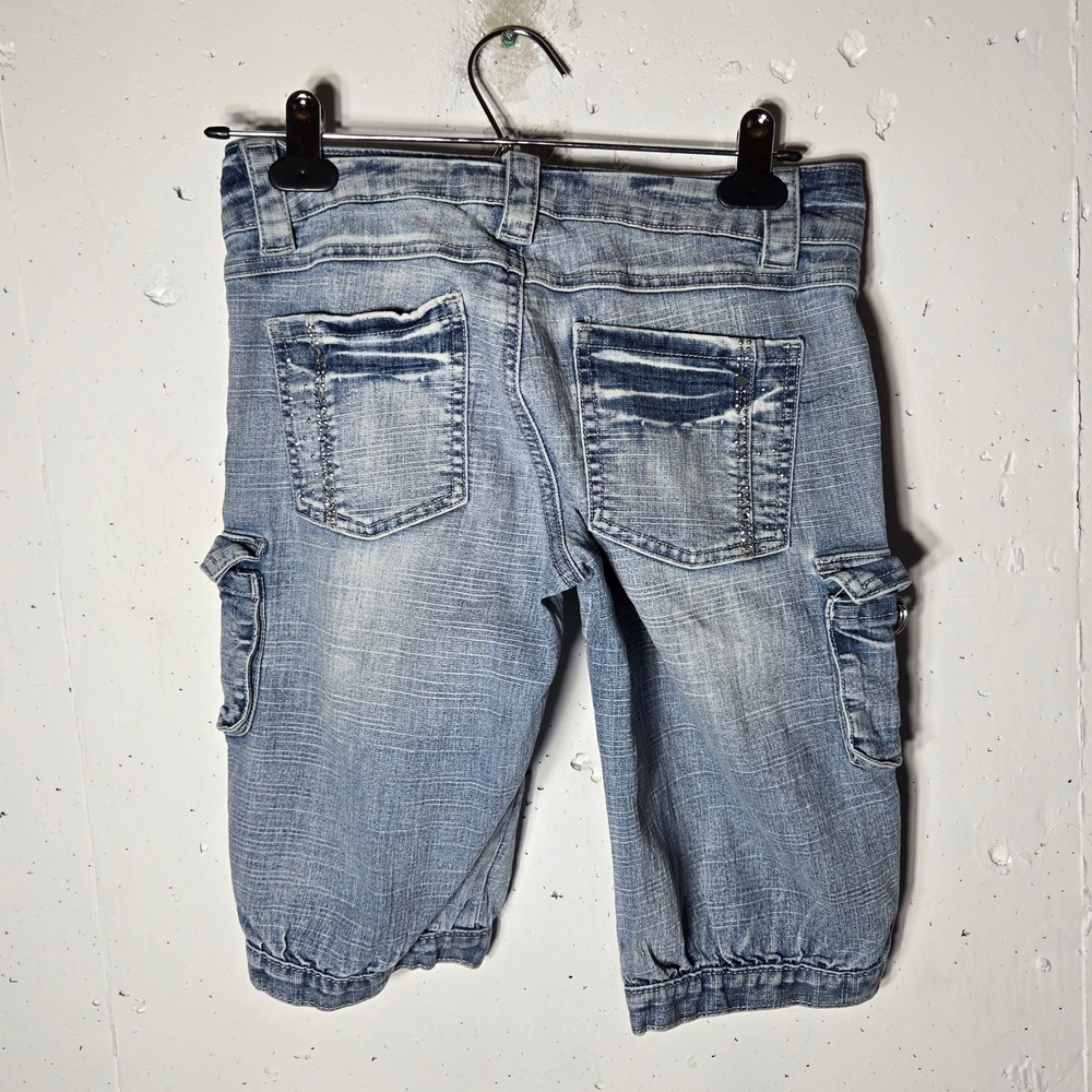 Apollo Rhinestone Cargo Bermudas Denim Jeans 5/6 Y2K Low Rise Cyber McBling Gorp - Picture 2 of 11
